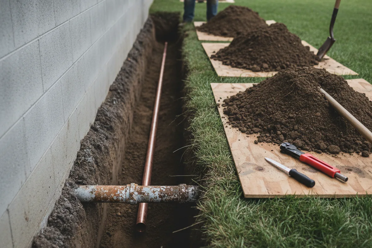 Excavated water line trench during Sewer Line Repair in Mango